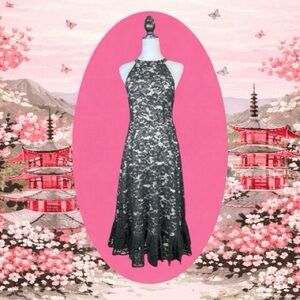 ModCloth Black Floral Lace Ruffled Hem Halter Fit & Flare Cocktail Midi Dress 14